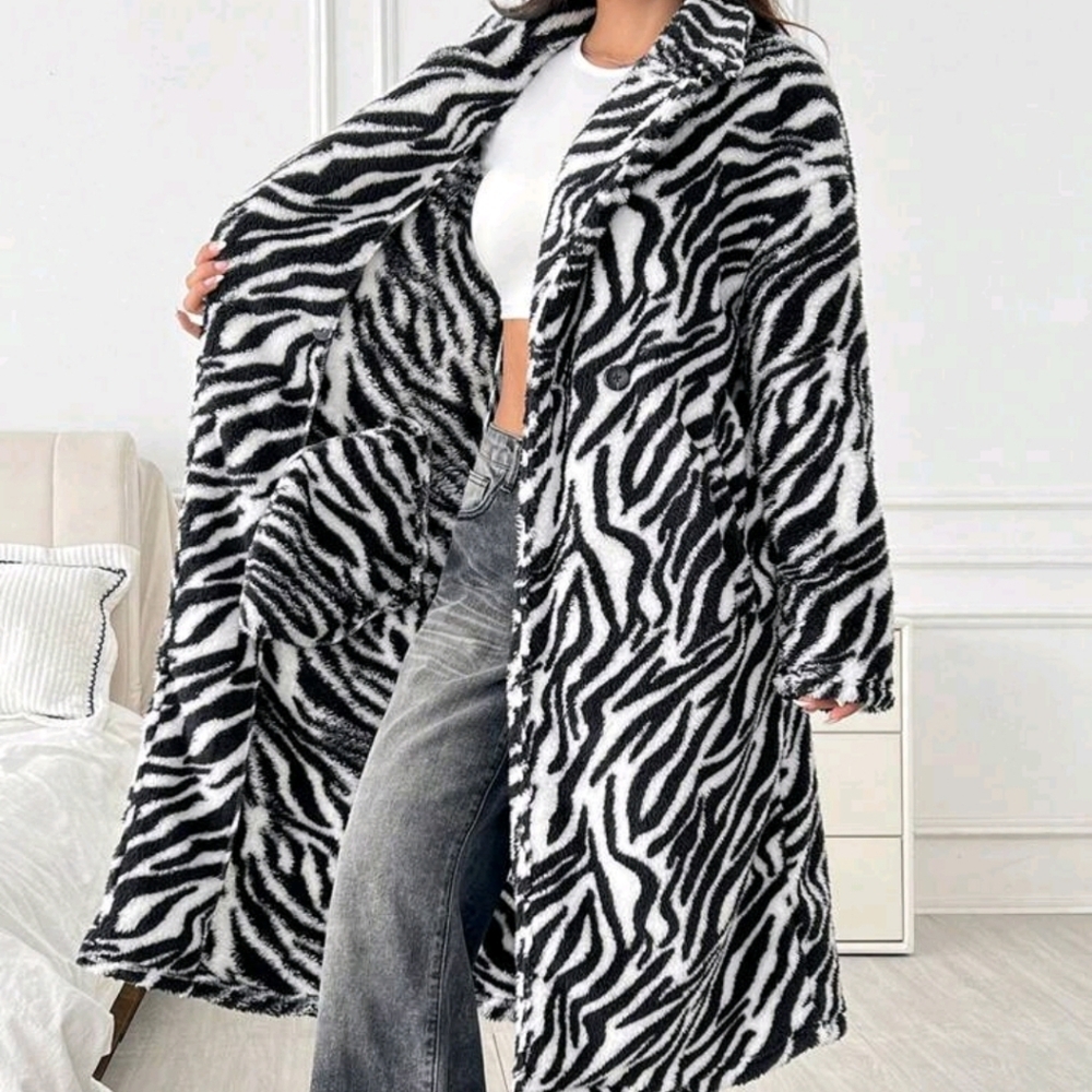Women's Zebra Print Fluffy Long Coat - Picture 7 of 7